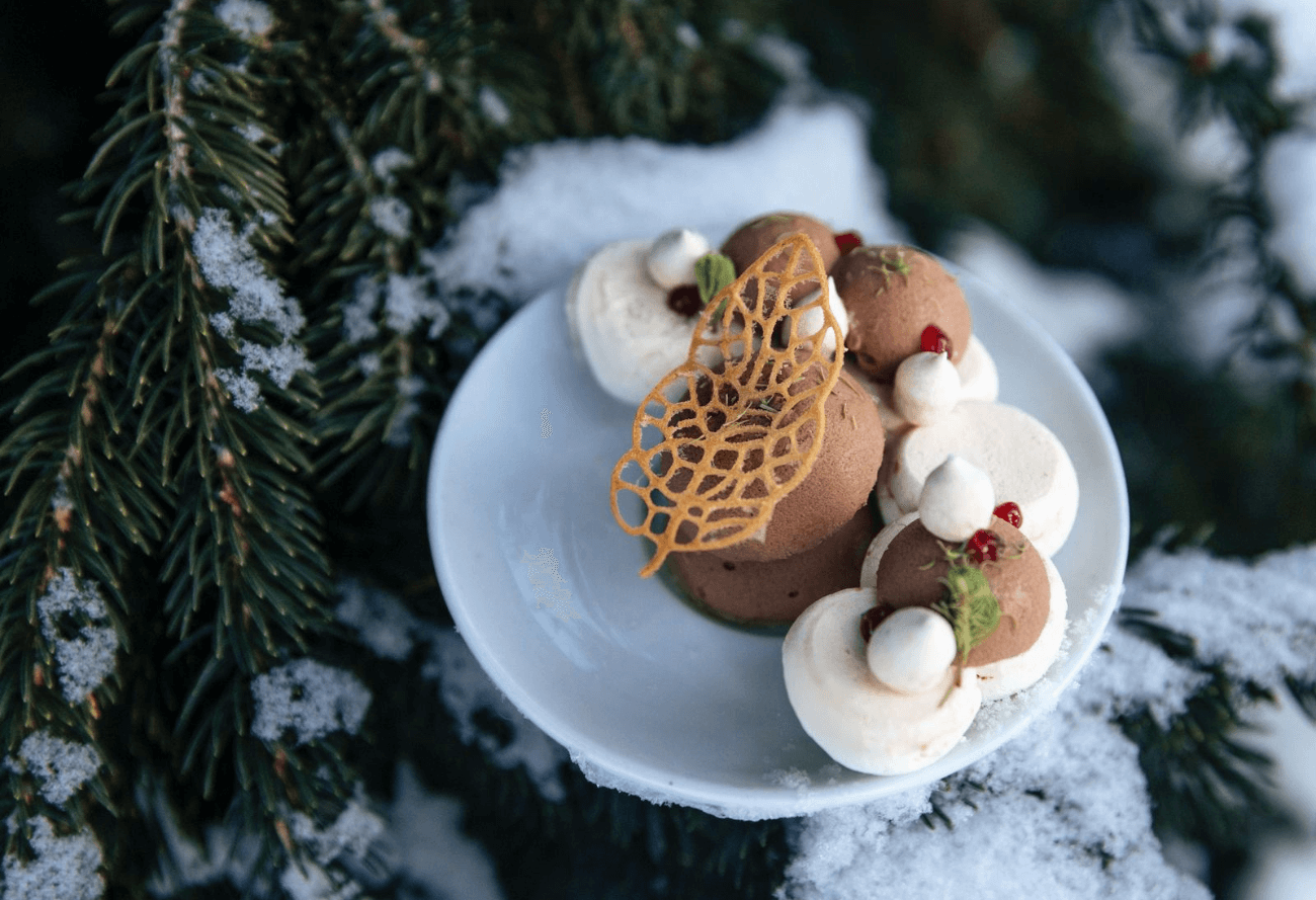 Morel Mushrooms on the cutting board spruce-tips-chocolat-mousse
